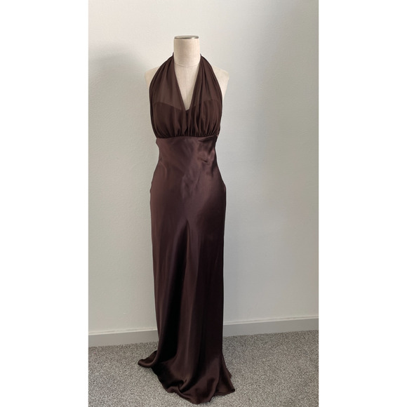 Vintage 90s Y2K Betsy & Adam Dress Women 8 Satin Halter Neck Prom Fishtail Brown - Picture 12 of 12